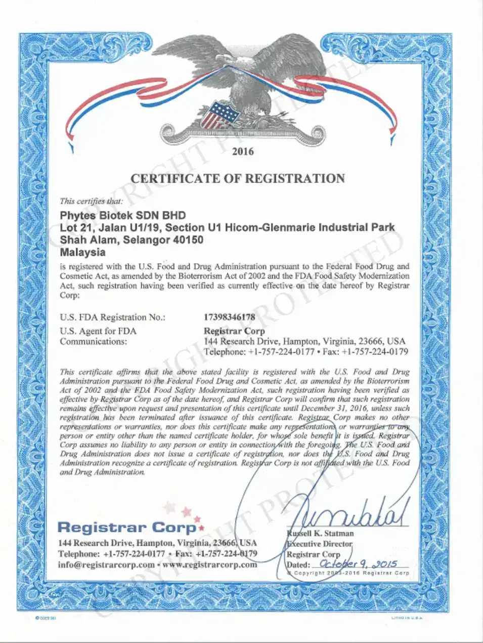 FDA Biotropics Certificate
